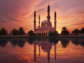 Fototapeta na wymiar A serene sunset over a mosque, with hues of orange and pink painting the sky.