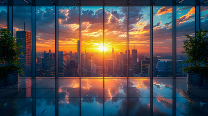 Sunrise illuminates the skyline viewed through the windows of a high-rise office, reflecting on the polished floor.

