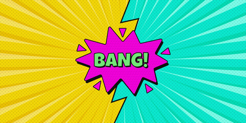Bright comic background with speech bubble. Comic speech explosion. Comic background with geometric forms and halftone texture. Comic speed lines