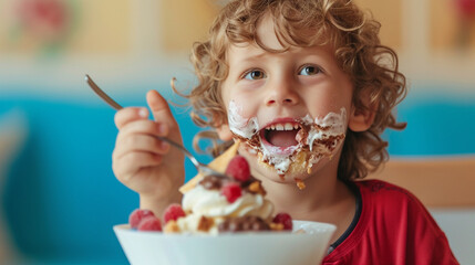 A child with a messy face indulging in a creamy and decadent ice cream sundae with various toppings