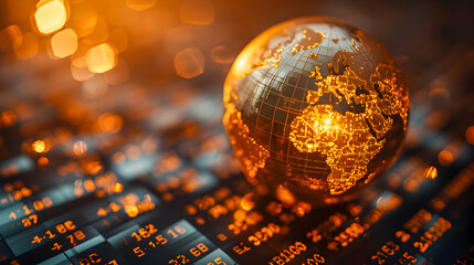 An illuminated digital globe overlaid on a backdrop of stock market figures, representing global finance.
