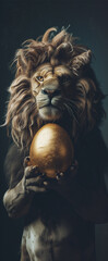 Lion standing upright on feet and holding a golden egg in his hands.