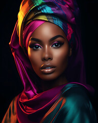 Portrait of a beautiful black woman with colorful outfit.