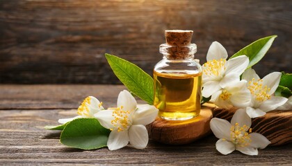Fototapeta na wymiar Neroli essential oil with flowers on a wooden background 