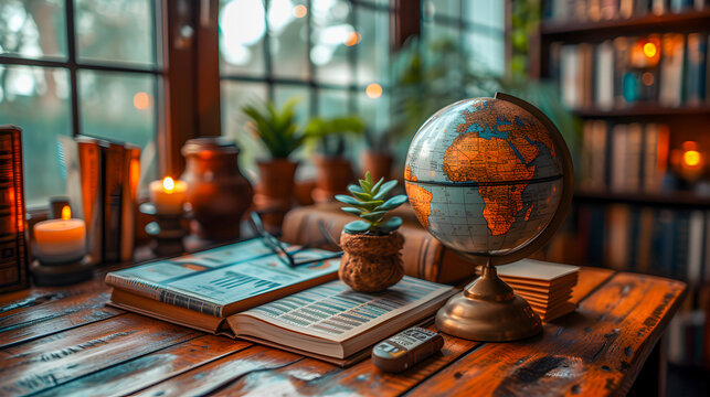 A warm and inviting home study scene with a vintage globe, books, and candles.
