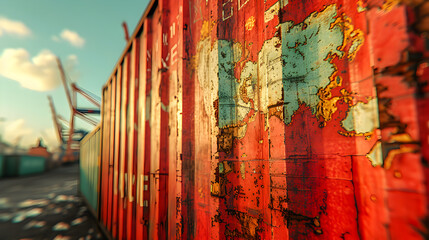 Weathered shipping container featuring a colorful world map graffiti under a bright blue sky.
