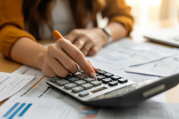 Fototapeta premium Accountant professional working on desk using calculator and analyzing financial report papers