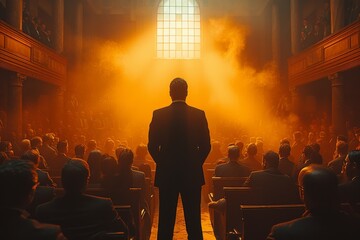 A solitary man, dressed in his sunday best, captivates a crowd with his powerful voice at a church...