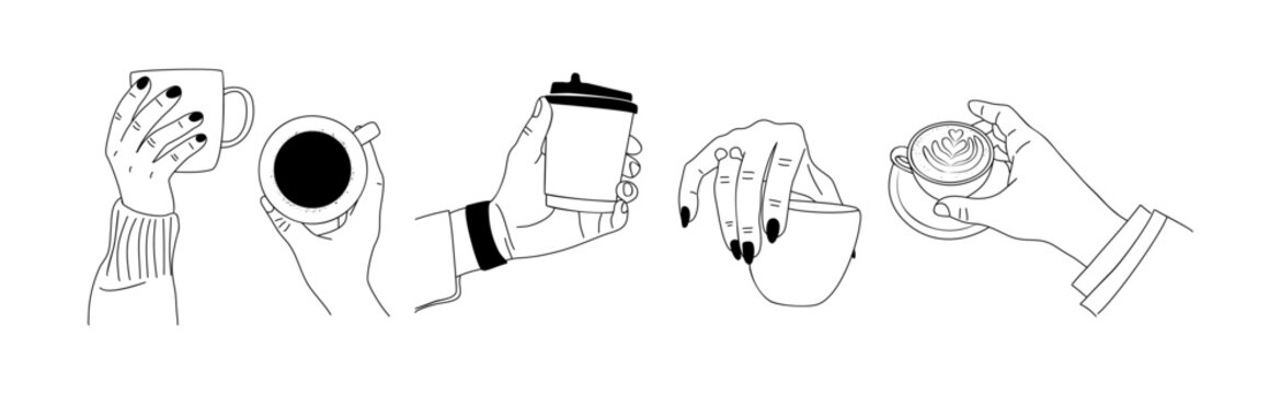 Set of different hands holding cups with coffee and tea, take away paper cups, porcelain cups, mugs. Collection of Hand drawn doodle line art vector illustrations isolated on transparent background.