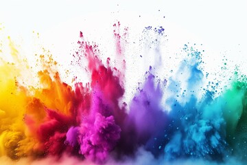 Vibrant splashes of multicolored powder paints on a white background.