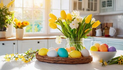 easter kitchen decor, modern bright home interior, colorful eggs