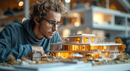 A contemplative man studies the intricacies of a model house, his glasses perched on his face as he imagines the potential of the structure before him - obrazy, fototapety, plakaty
