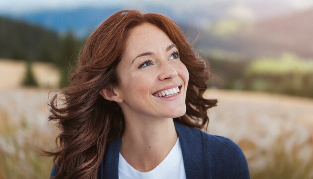 portrait of a beautiful young red-haired woman, her candid laughter radiating joy and a sense of vitality