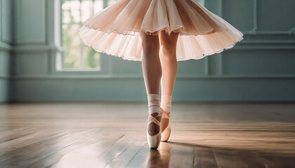 ballerina with slender legs en pointe, gracefully poised in a pastel-hued dance studio