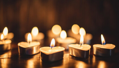 Heart-shaped candles aglow on dark backdrop, evoking romance and warmth. Ideal for Valentine's Day