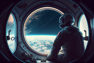 Astronaut looking out from the spaceship window in the space with galaxy background. Si-Fi astronaut digital art. This image elements furnished by NASA. - obrazy, fototapety, plakaty