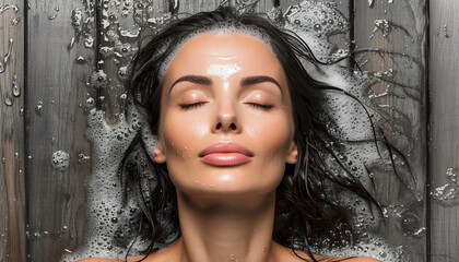 Woman with a serene expression enjoying the tranquility of a foaming facial wash, droplets cascading down her face.