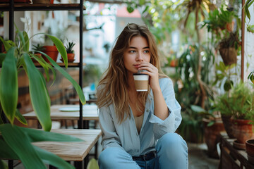 Young beautiful woman happy and enjoying coffee drink in the morning at home while holding cup of coffee in summer park