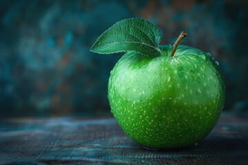 a green apple with water drops on a dark color table and dark color wall background