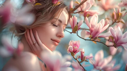 Gardinen A beautiful young woman standing gracefully against a backdrop of delicate spring magnolia flowers © Alina