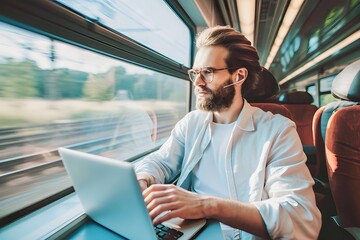 caucasian men working with laptop remotely while traveling by train, blur train