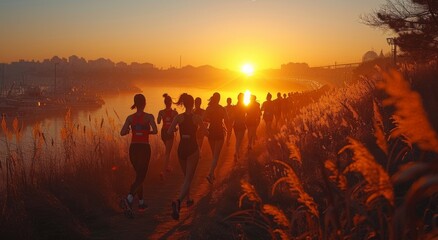 A group of friends chasing the rising sun through a field of golden grass, their silhouettes illuminated by the warm morning light and surrounded by a dreamy fog, creating a stunning outdoor landscap