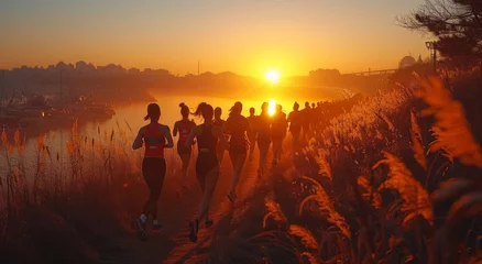 Gordijnen A group of friends chasing the rising sun through a field of golden grass, their silhouettes illuminated by the warm morning light and surrounded by a dreamy fog, creating a stunning outdoor landscap © Gaga AI