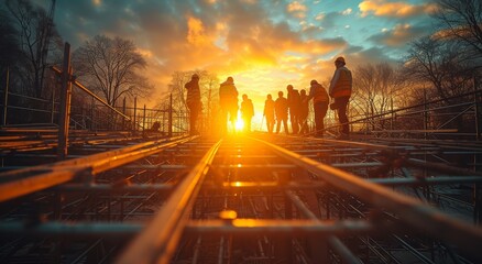 Against the backdrop of a colorful sky, a team of workers stands amidst the towering cityscape, illuminated by the warm light of the setting sun, as they prepare to build a new structure under the wa - obrazy, fototapety, plakaty