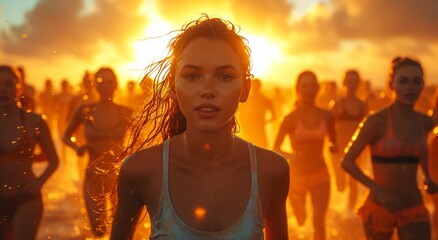 As the sky turns fiery at sunset, a woman stands on the beach in a tank top, her human face illuminated by the warm glow of the sun, embracing the heat and freedom of the outdoors in her comfortable 