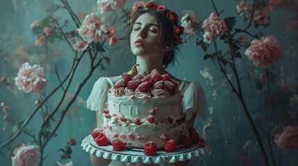 Beautiful girl with a cake decorated with raspberries and roses