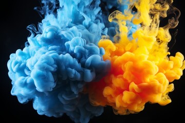 Abstract yellow blue Smoke on solid black Background. Abstract flowing steam of air humidifier with swirl