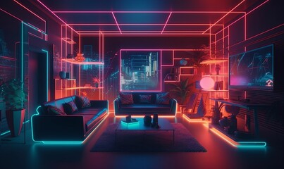 Neon interior living room background. Glowing 3d purple cyber synthwave apartment with blank sofas and laser red shelves for comfortable relaxation and entertainment - obrazy, fototapety, plakaty