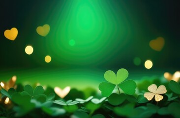 St. Patrick's Day, abstract green background, background with clover leaves, golden glow, place for text, golden flashes, bokeh effect, Irish shamrock, magic and luck, silver hearts