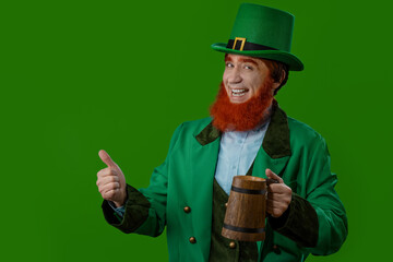 Leprechaun elf on St. Patrick's Day. Cheerful character Irish leprechaun for advertising with a red...