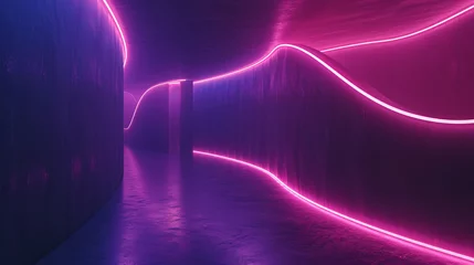 Foto op Plexiglas Abstract minimal neon landscape, where glowing lines curve against a dark, illuminated backdrop © Saran