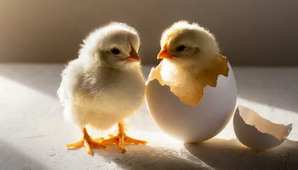 Fotobehang two little chicken with open egg © Omega