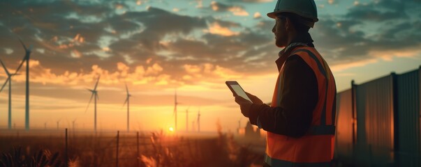 An engineer in a reflective vest and hardhat is inspecting a tablet with wind turbines in the background during sunset.