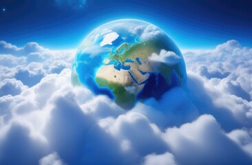 Naklejka premium Earth day, view from space, planet earth in the clouds, bright sunny day