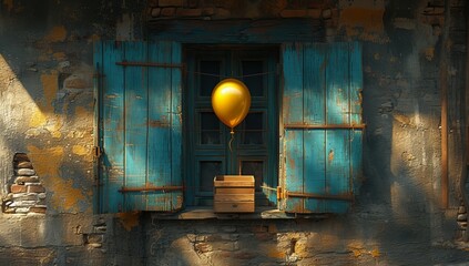 A vibrant yellow balloon dances in the soft outdoor lighting, tethered to a string and hovering above a mysterious box placed in front of a blue window on the bustling city street