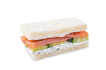 Salmon cucumber dill cream cheese tea sandwich on a white isolated background