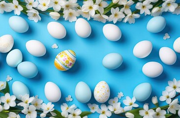 Fototapeta na wymiar Multicolored hand painted decorated Easter eggs with spring blossom flowers over blue background. Easter celebration concept. Happy Easter background.