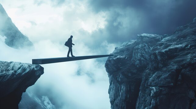 Businessman pushing a long beam, creating an improvised bridge to cross the abyss obstacle.