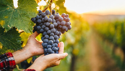 farmer hands delicately plucking ripe grapes in the golden glow of sunrise, epitomizing the bountiful harvest and labor of farming