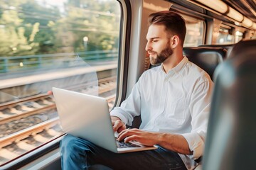 caucasian men working with laptop remotely while traveling by train, blur train