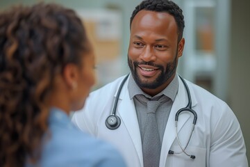 A smiling man in a white coat stands next to a woman in a blue shirt against an indoor wall, exuding professionalism and warmth as they both represent the world of healthcare