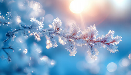 Fototapeta na wymiar Branches adorned with frost crystals shimmering in the light of a winter sunrise