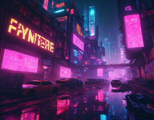 Cyberpunk landscape of city streets with neon light. Image generated by artificial intelligence, ai. The concept of retro futurism, high technology and low standard of living.