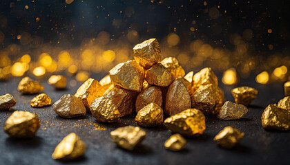 golden nuggets on textured dark surface, symbolizing wealth and discovery