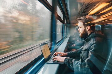 caucasian men working with laptop remotely while traveling by train, blur train - obrazy, fototapety, plakaty
