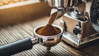 Freshly ground coffee pours into a portafilter, highlighting the art of espresso-making
